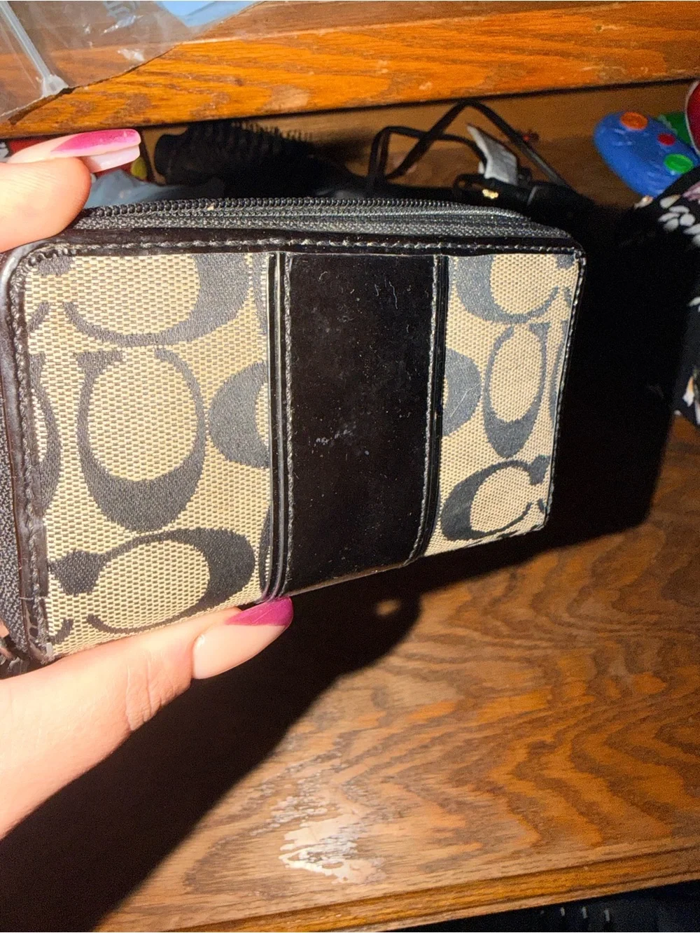 Coach Black & Beige Signature Canvas Wristlet